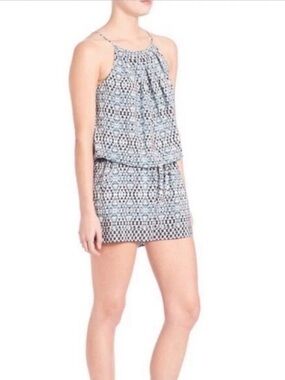 Joie Silk Lined Shorts Romper Blue White L Sleeveless Geometric Spaghetti Straps